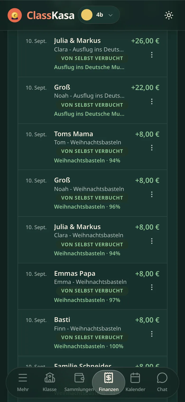 Banküberweisungen in ClassKasa: Zeile für Zeile der Familienname, die Markierung von selbst verbucht und der Betrag