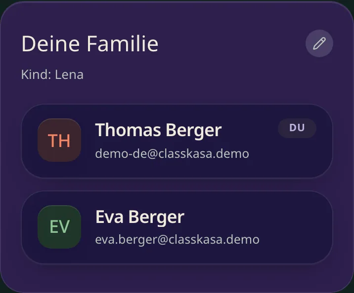 Die Karte „Deine Familie“ in der Eltern-Ansicht, mit beiden Erwachsenen der Familie und dem Kind