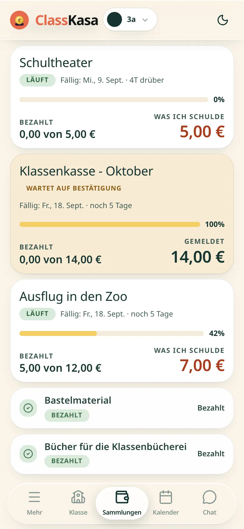 Klassenbeiträge eines Elternteils in ClassKasa: was fällig ist, was auf Bestätigung wartet, was bezahlt ist