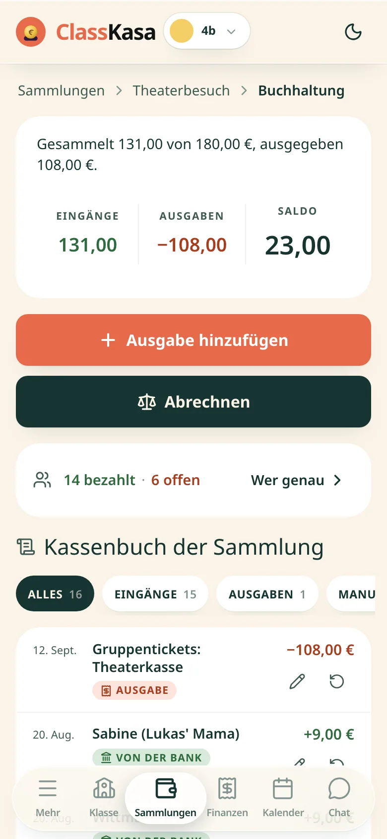 Abrechnung einer Klassensammlung in ClassKasa: eingenommen, ausgegeben, Saldo und Posten für Posten